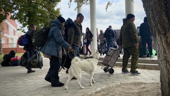 Люди направляются к автобусам