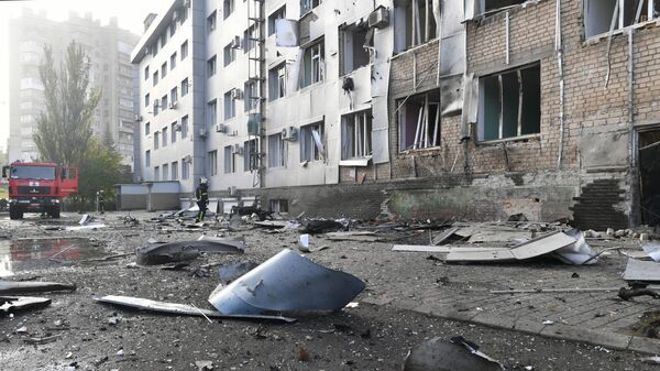 Здание запорожской областной телекомпании ЗаТВ, пострадавшее в результате взрыва в Мелитополе