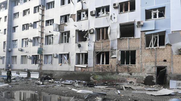 Здание запорожской областной телекомпании ЗаТВ, пострадавшее в результате взрыва в Мелитополе