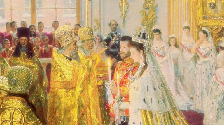 Репродукция картины художника Лаурица Туксена Венчание Николая II и великой княжны Александры Федоровны