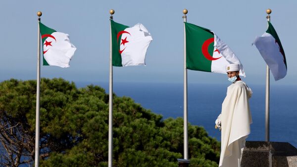 Мужчина проходит мимо флагов в Алжире
