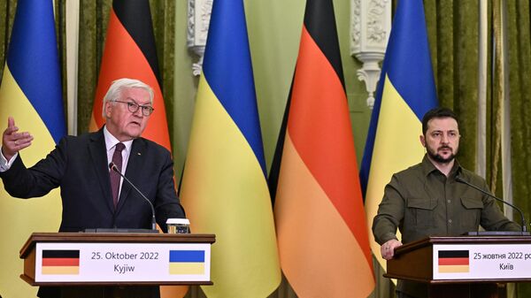 Президент ФРГ Франк-Вальтер Штайнмайер и президент Украины Владимир Зеленский во время встречи в Киеве. 25 октября 2022