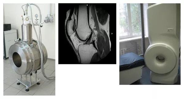 Прототип безгелиевого аппарата МРТ и полученный с его помощью снимок колена