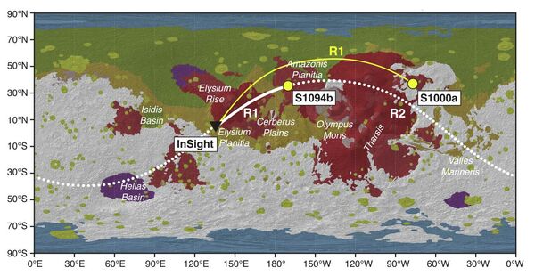 Η κίνηση των σεισμικών κυμάτων από τις θέσεις πρόσκρουσης δύο μετεωριτών (σημειωμένων με κίτρινους κύκλους) στη μονάδα InSight