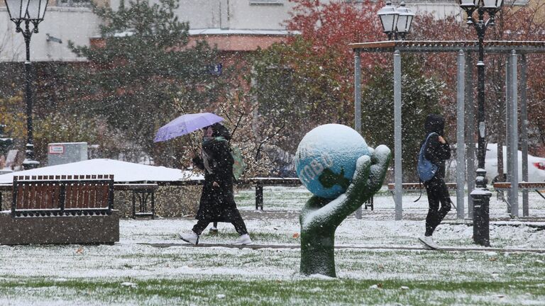 Прохожие во время снегопада в Москве