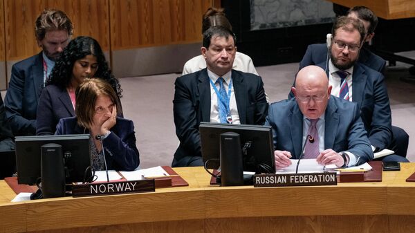 Постоянный представитель России при ООН Василий Небензя выступает во время заседания Совета безопасности по вопросу поставок зерна из Украины