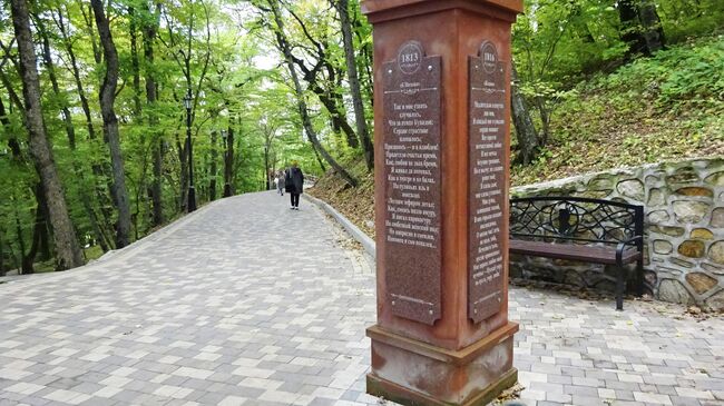 Пушкинский терренкур - возможность во время прогулки вспомнить стихи поэта. Они написаны на этих столбиках