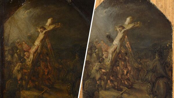 Рембрандт ван Рейн Воздвижение креста, до и после реставрации масляного эскиза