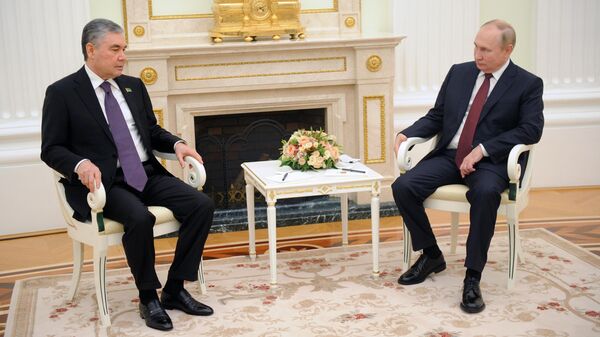 Президент РФ Владимир Путин и председатель народного совета Национального собрания Туркменистана Гурбангулы Бердымухамедов во время встречи. 3 ноября 2022