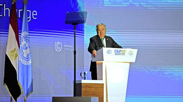Генеральный секретарь ООН Антониу Гутерреш выступает на климатической конференции COP27 в Египте