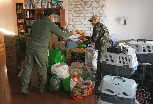 Волонтеры разбирают корм в приюте Кошкин дом в Донецке