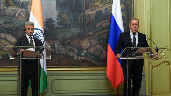 Министр иностранных дел Индии Субраманьям Джайшанкар и министр иностранных дел РФ Сергей Лавров на пресс-конференции по итогам встречи. 8 ноября 2022