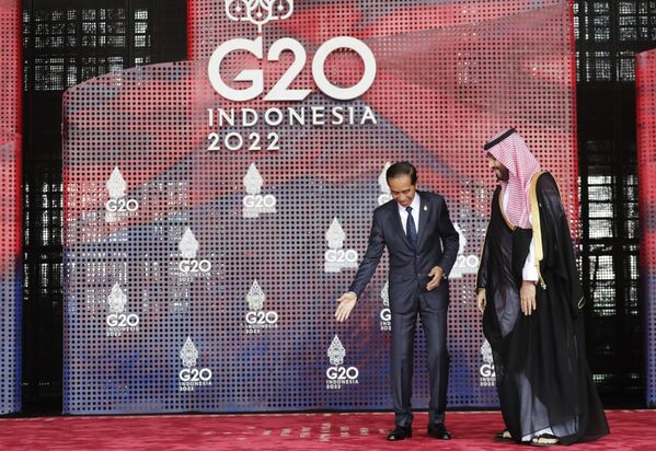 Президент Индонезии Джоко Видодо приветствует наследного принца Саудовской Аравии и премьер-министра Мухаммеда ибн Салмана Аль Сауда во время саммита G20 на Бали