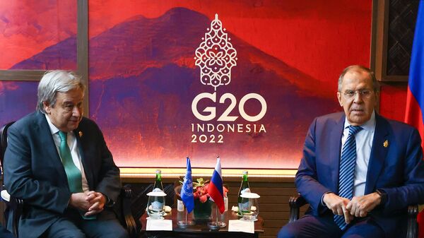 Встреча министра иностранных дел России Сергея Лаврова с генеральным секретарём ООН Антониу Гутеррешем на полях саммита G20 на Бали