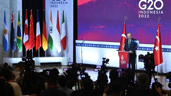 Президент Турции Реджеп Тайип Эрдоган выступает на пресс-конференции во время саммита G20 на Бали