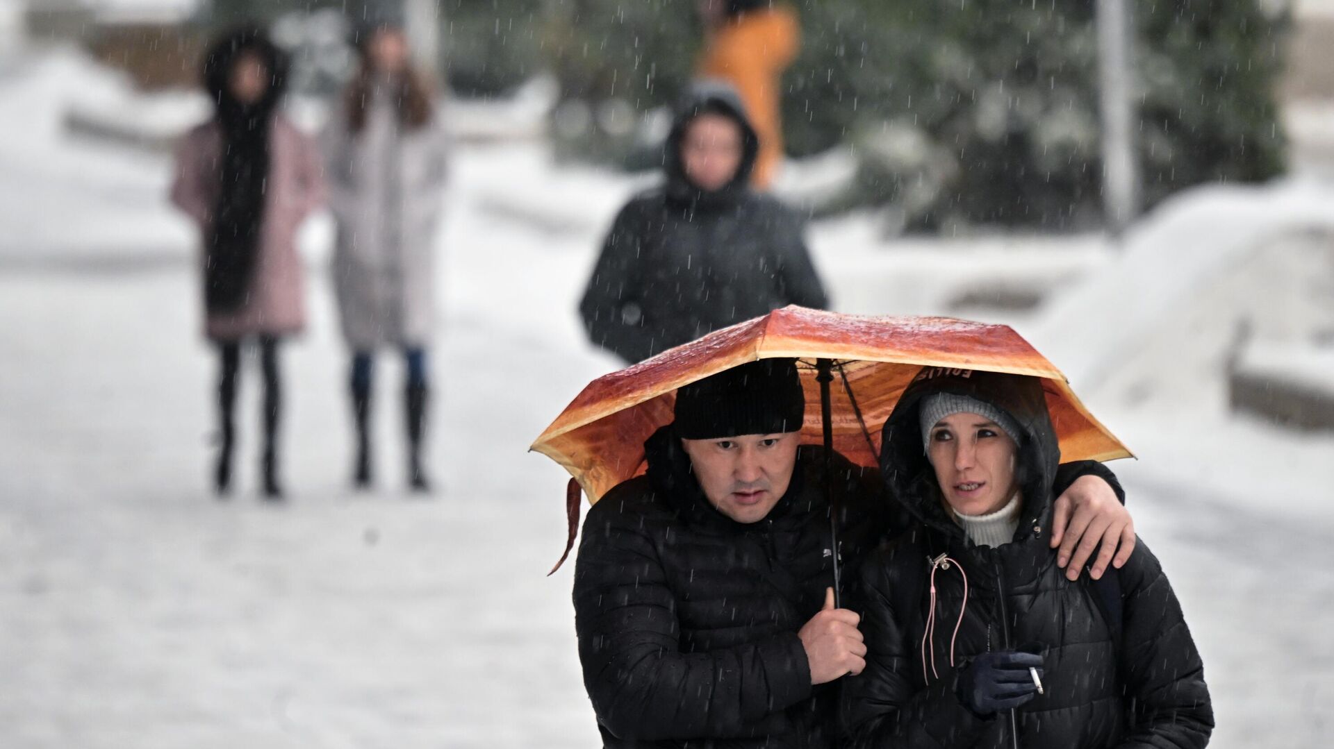 Люди идут под зонтом во время ледяного дождя в Москве - РИА Новости, 1920, 22.11.2022