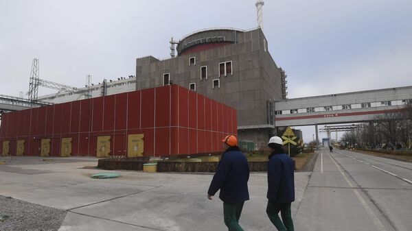 Сотрудники у 6-го энергоблока Запорожской атомной электростанции