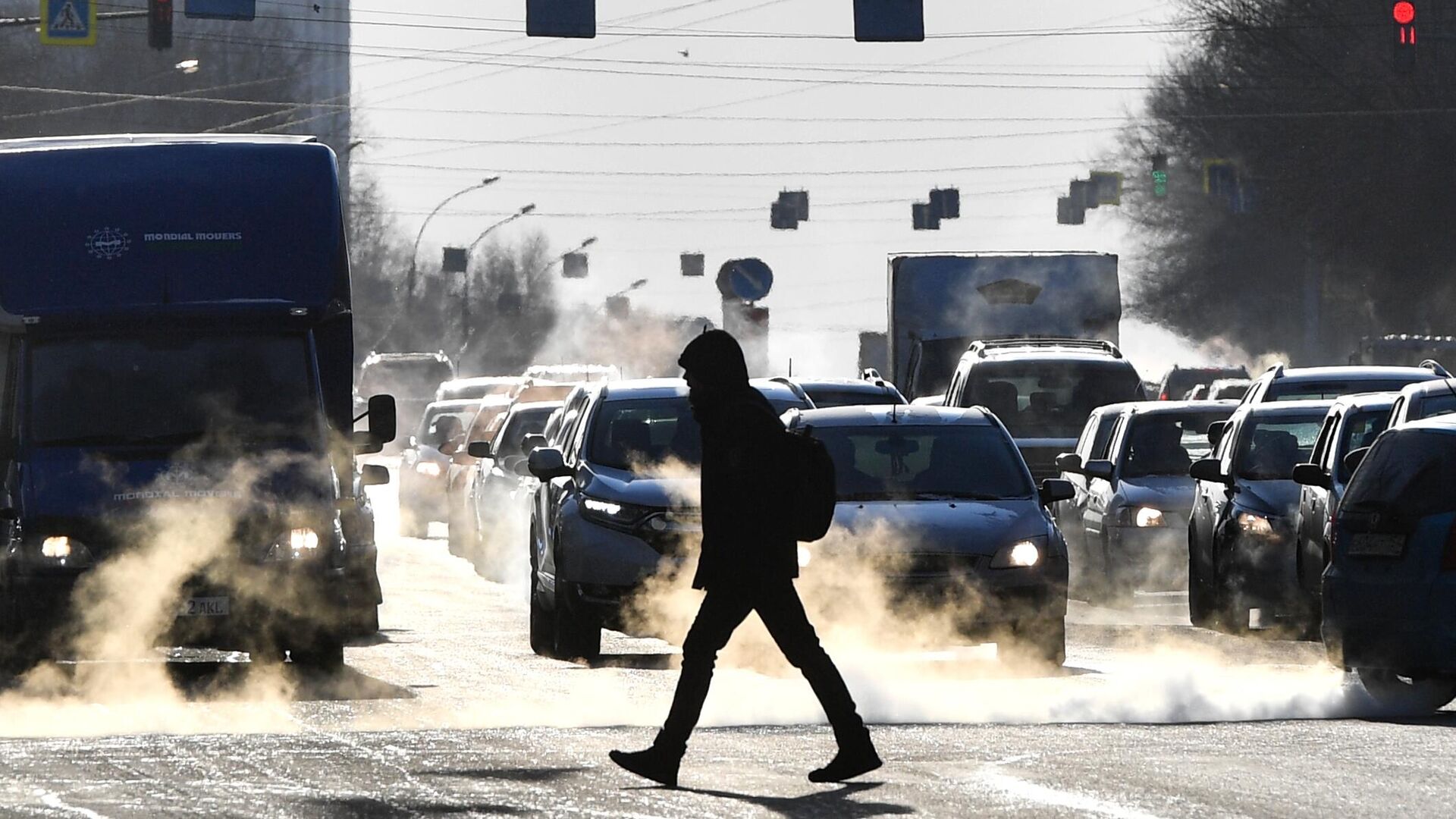 Мужчина переходит дорогу во время мороза - РИА Новости, 1920, 19.12.2022