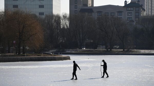 Мужчины ходят по замерзшему пруду в парке Дружбы в Москве