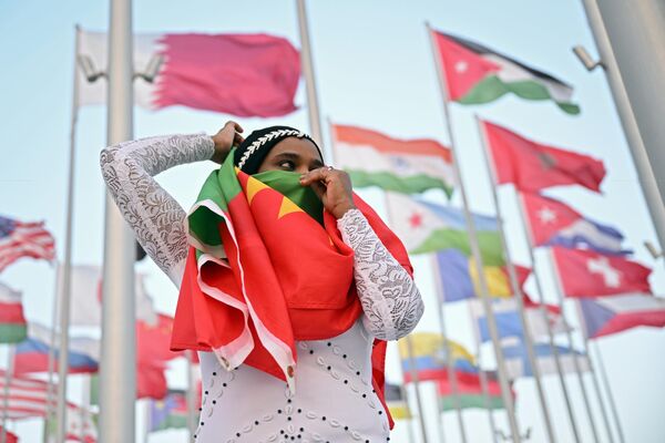 Девушка с флагам на чемпионате мира по футболу 2022 в Дохе