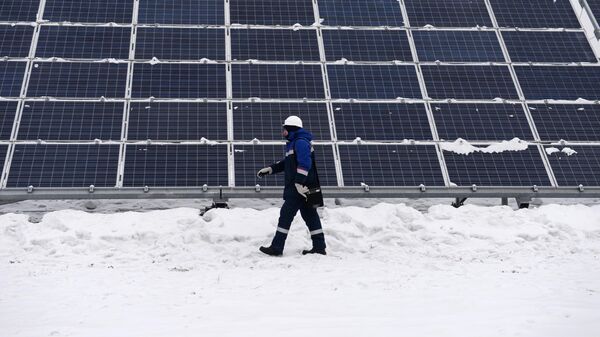 Сотрудник осматривает оборудование на Абаканской солнечной электростанции в Республике Хакасия
