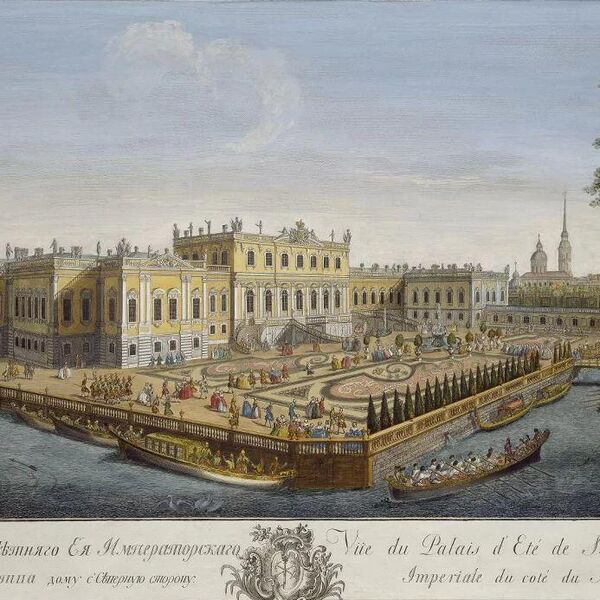 Гравюра Алексея Грекова Вид на Летний дворец Елизаветы Петровны: на переднем плане слева - Мойка, справа - стоящий от нее канал с гребными судами