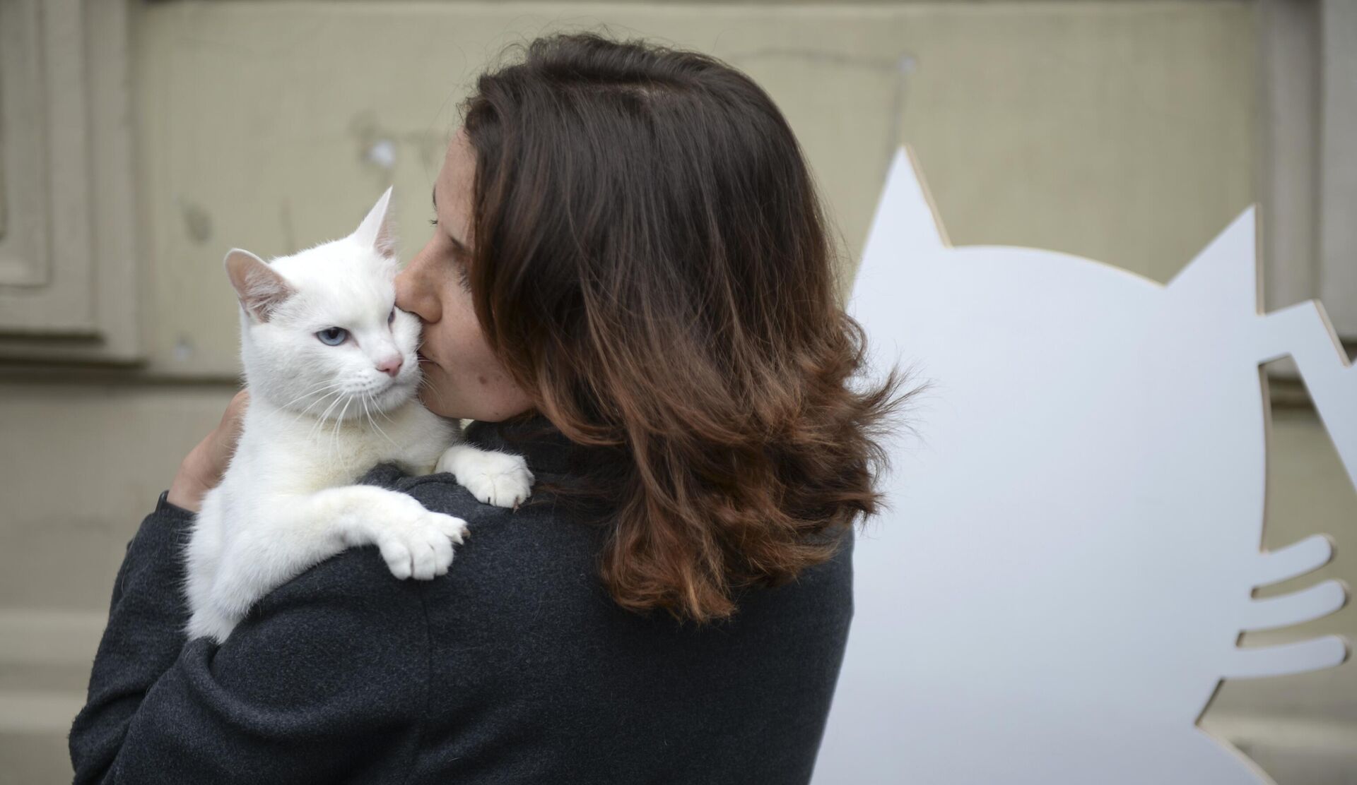 Девушка и эрмитажный кот-оракул Ахилл у котокафе Республика кошек в Санкт-Петербурге