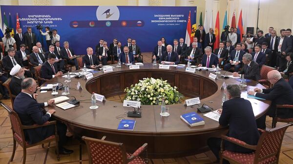 Президент РФ Владимир Путин на заседании Высшего евразийского экономического совета и глав делегаций приглашенных государств в Ереване