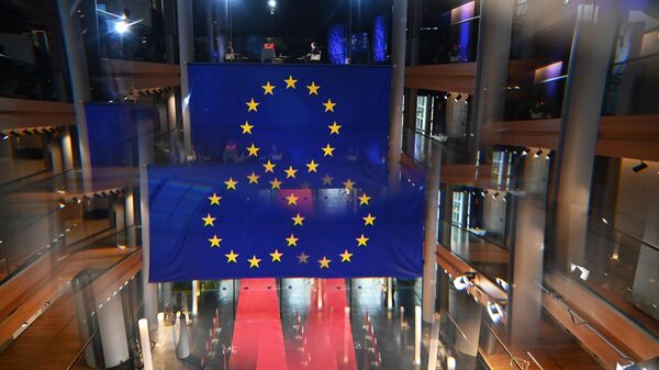 Флаги с символикой Евросоюза в здании Европарламента в Страсбурге