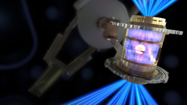 Визуализация облучения топлива лазерными лучами, которые преобразуются в рентгеновские для запуска синтеза