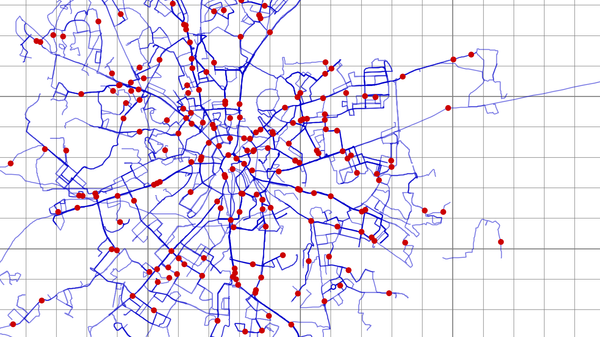 Модельная сеть подвижных геосенсоров: синие линии - маршруты движения, красные точки - моментальное положение