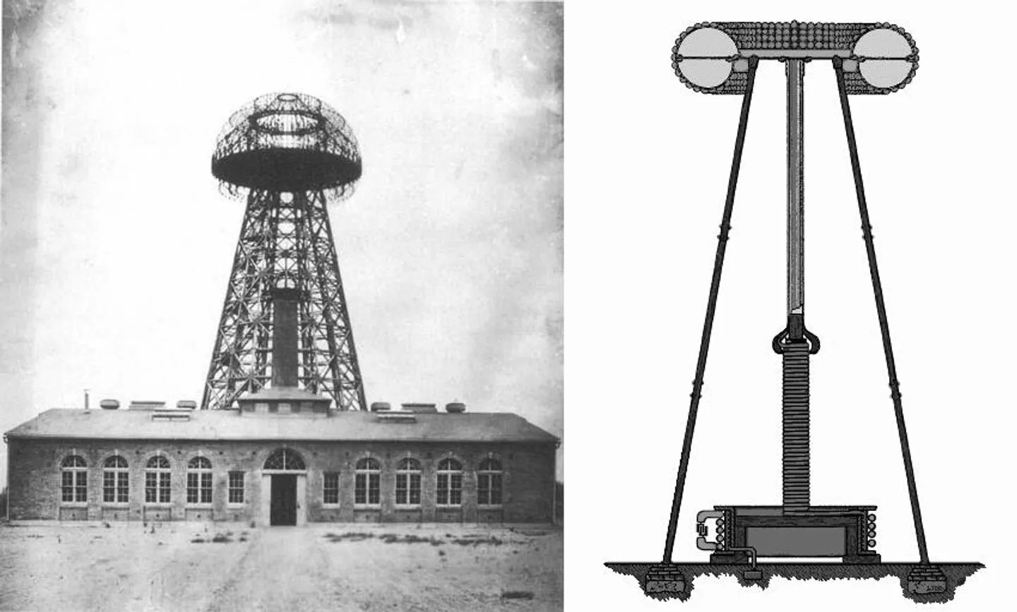 Torre Wardenclyffe (foto 1904) y el diseño de la bobina transmisora ​​de Tesla