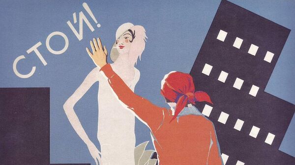 Советский плакат, 1929 год. Женщины легкого поведения одеты на западный манер; на советской женщине на переднем плане кофта и юбка ярких цветов, красная косынка