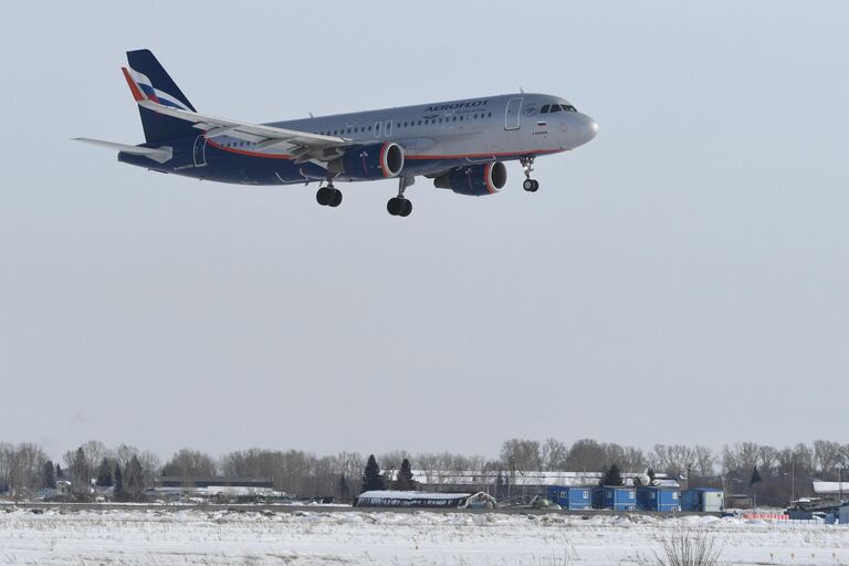 Самолет Airbus A320 авиакомпании Аэрофлот в Международном аэропорту Новосибирск (Толмачево) имени А. И. Покрышкина