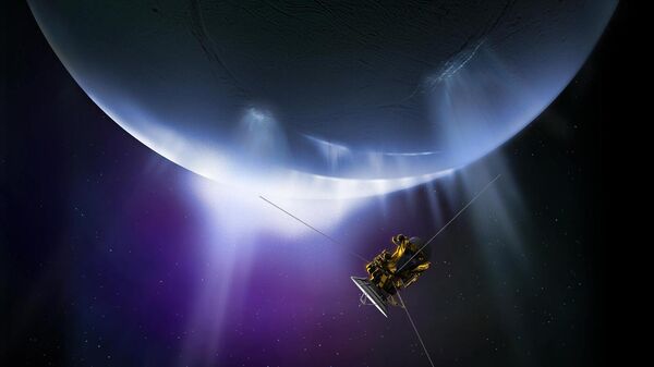 Художественное представление космического корабля, пролетающего сквозь гейзеры вблизи южного полюса Энцелада