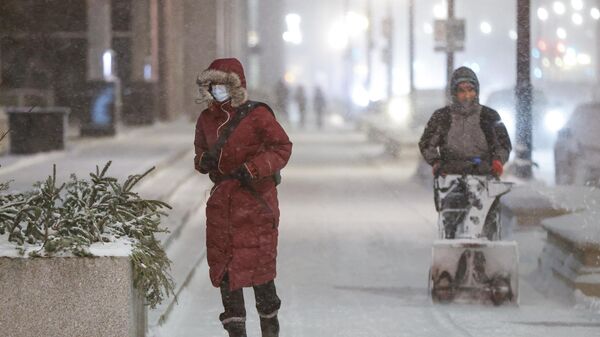 Женщина идет по улице во время снегопада в Чикаго