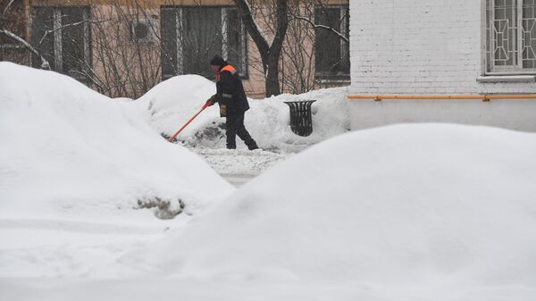 Сотрудник коммунальных служб расчищает улицу от снега 
