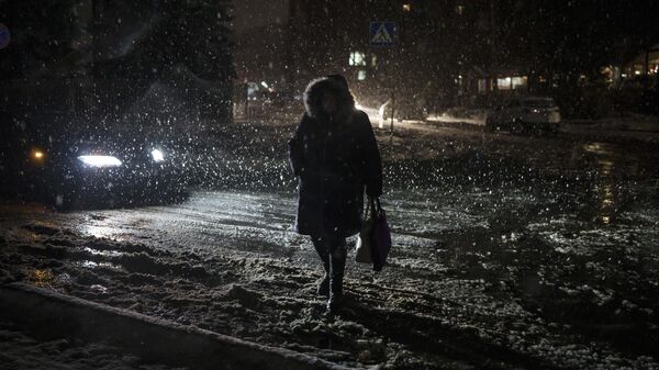 Женщина идет по улице в Киеве во время снегопада