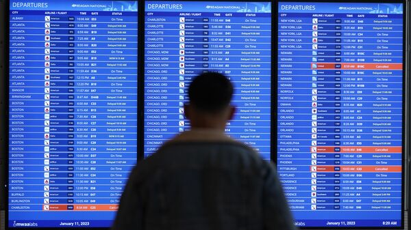 Пассажир у табло с информацией о рейсах в Вашингтонском национальном аэропорту Рональда Рейгана. 11 января 2023