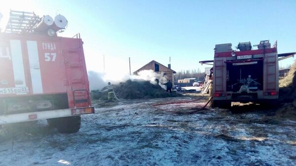Сотрудники противопожарной службы Бурятии во время ликвидации пожара во дворе частного дома в поселке Озерный