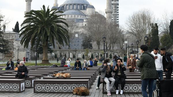 Люди отдыхают на скамейках в парке СултанАхмед, расположенном у Голубой Мечети в Стамбуле