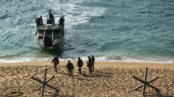 Военнослужащие во время высадки десанта морской пехоты на учениях в Крыму