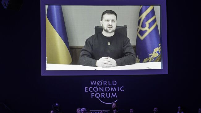 Президент Украины Владимир Зеленский выступает перед участниками Всемирного экономического форума в Давосе