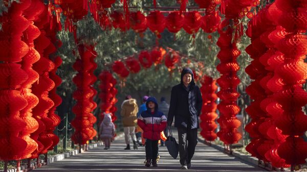 Мужчина и мальчик в общественном парке Пекина, украшенном фонарями в честь предстоящего Лунного Нового года