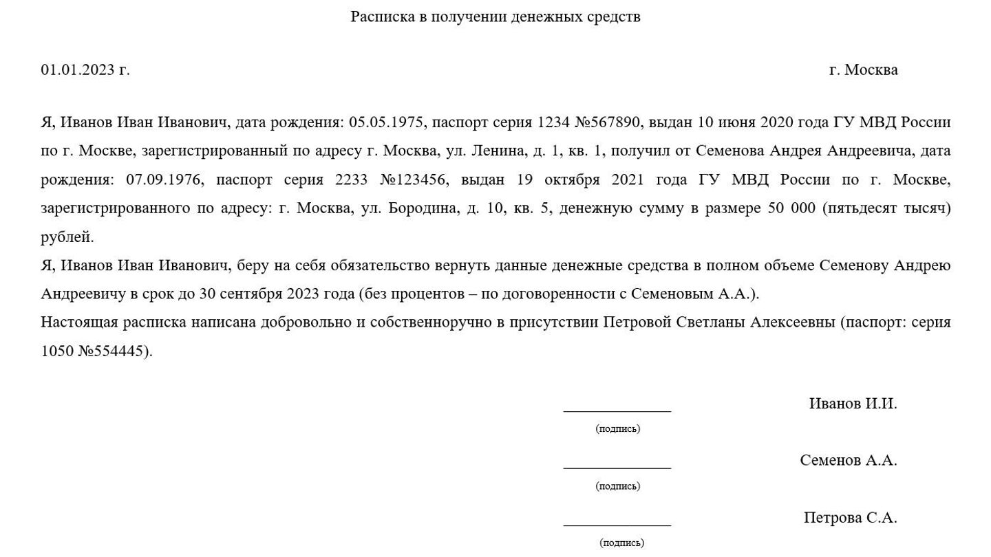 Как написать расписку о получении денег 2024: образец правильного оформления