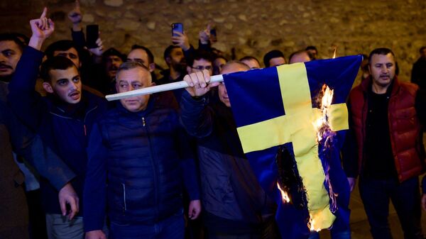 Протестующие сжигают флаг Швеции во время демонстрации перед генеральным консульством страны в Стамбуле