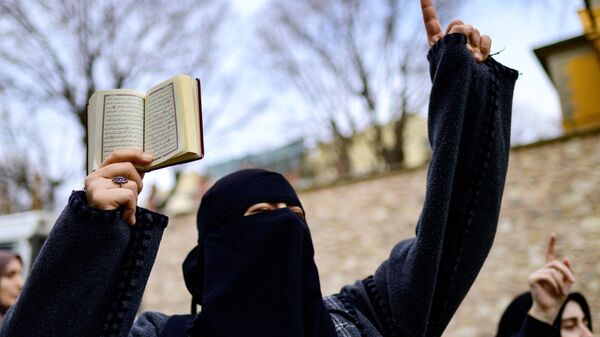 Протестующий держит Коран перед Генеральным консульством Швеции в Стамбуле