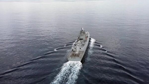 Frigate Admiral of the Gorshkov Fleet of the Soviet Union in the western part of the Atlantic Ocean. frame from video Frigate Admiral of the Gorshkov Fleet of the Soviet Union in the western part of the Atlantic Ocean. frame from video