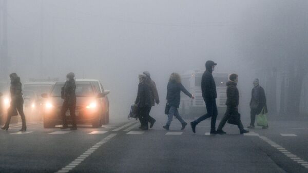 Люди переходят автомобильную дорогу во время тумана в Москве