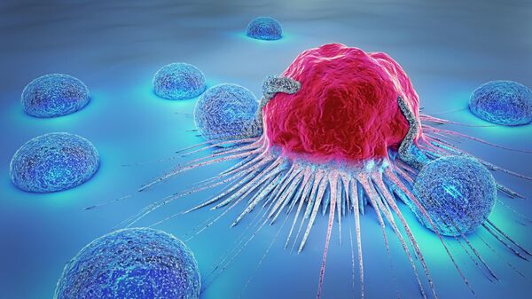 Иллюстрация раковой клетки и лимфоцитов